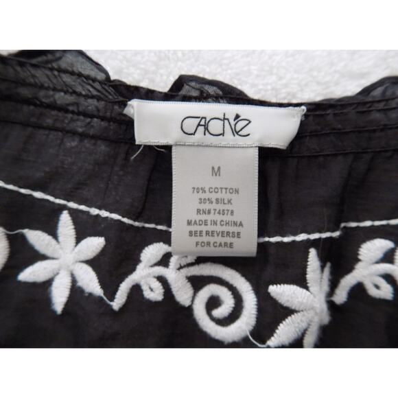 Cache embroidered blouse black shirt short sleeve silk blend size Medium - Picture 9 of 9